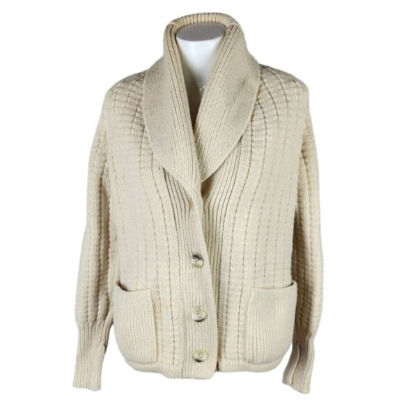 Vintage Sweaters - Vintage Virgin Wool Shawl Collar Cardigan Button Front Patch Pockets Cream Med